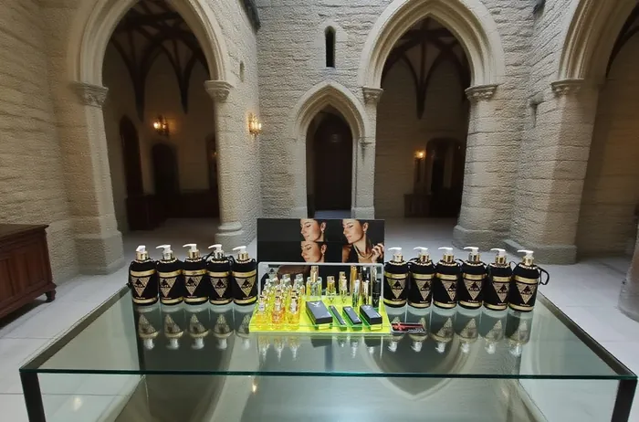 Kit AL-GE sobre mesa de vidro em galeria de arcos de pedra